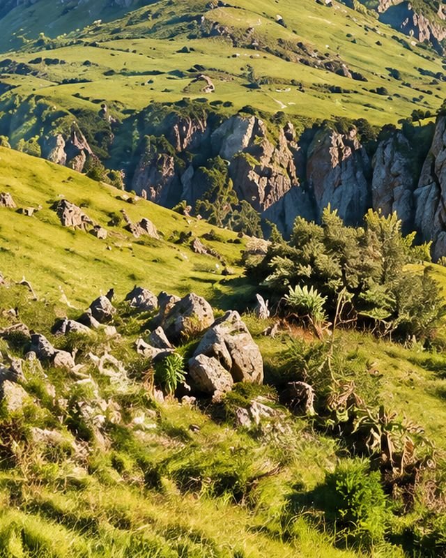 Green valley floor with scattered boulders