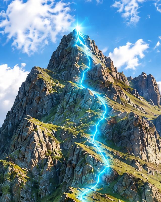 The summit, with a glowing cyan trail reaching the top