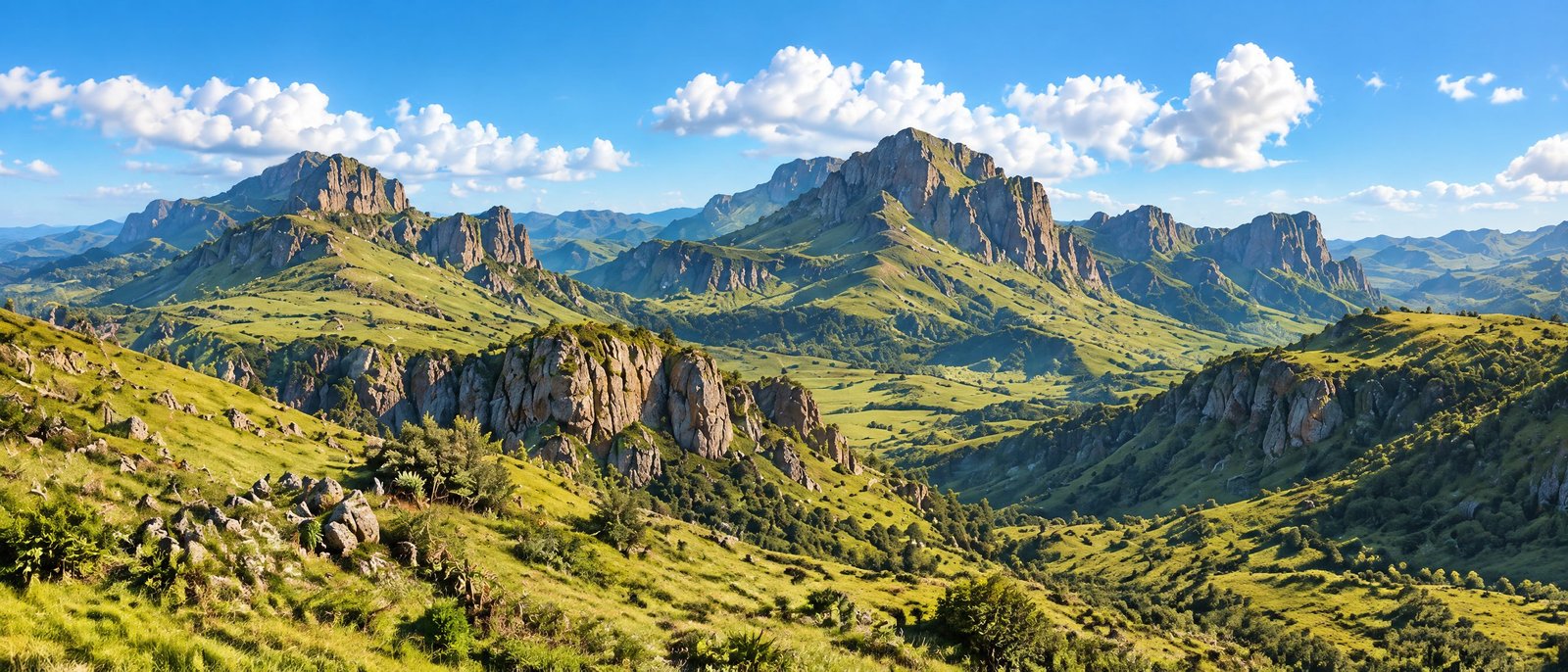 Rolling green highlands and rocky escarpments under a bright spring sky